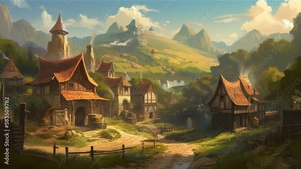Village Fantasy Backdrop, Concept Art, CG Artwork, Realistic Illustration with Generative AI
