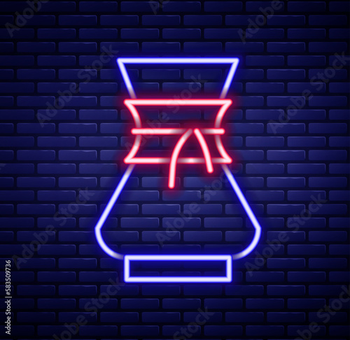 Glowing neon line Pour over coffee maker icon isolated on brick wall background. Alternative methods of brewing coffee. Coffee culture. Colorful outline concept. Vector
