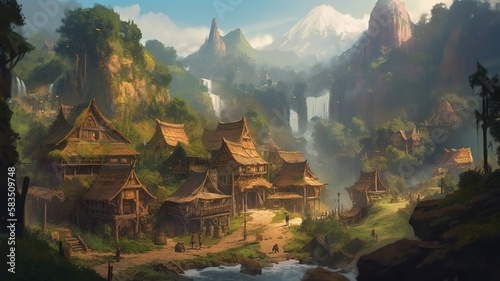 Village Fantasy Backdrop, Concept Art, CG Artwork, Realistic Illustration with Generative AI 
