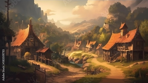 Village Fantasy Backdrop  Concept Art  CG Artwork  Realistic Illustration with Generative AI 