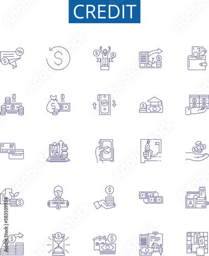 Credit line icons signs set. Design collection of Credit, Loan, Money, Card, Bank, Finance, Rate, Borrow outline concept vector illustrations