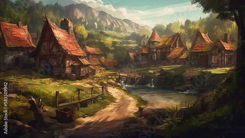 Village Fantasy Backdrop, Concept Art, CG Artwork, Realistic Illustration with Generative AI 