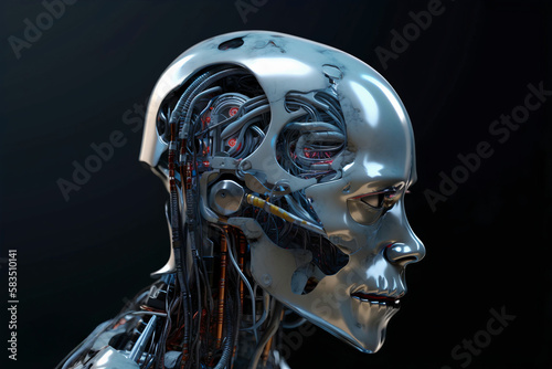 Robot brain, robot, skull, cyborg, skeleton, head, 3d, human, technology,  generative ai 