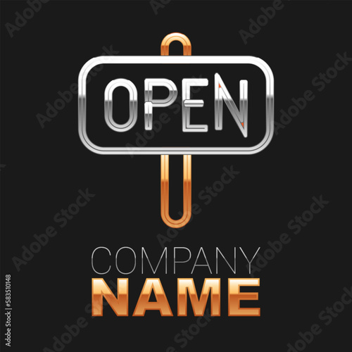 Line Hanging sign with text Open door icon isolated on black background. Colorful outline concept. Vector