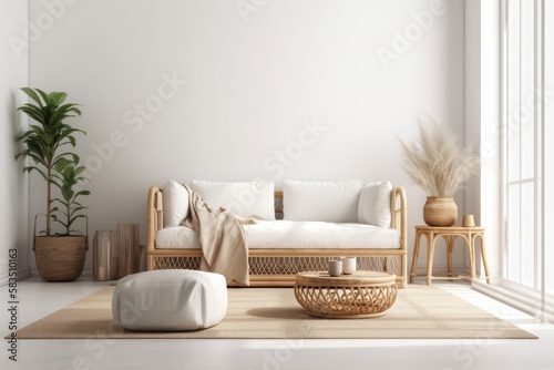 Mockup of a minimalist living room interior wall including a Moroccan pouf, a bamboo console, and a blank, warm white background. Generative AI