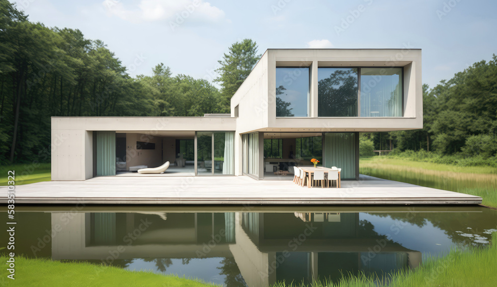 Concrete and glass. Ultra-modern minimalistic style house design. Generative AI
