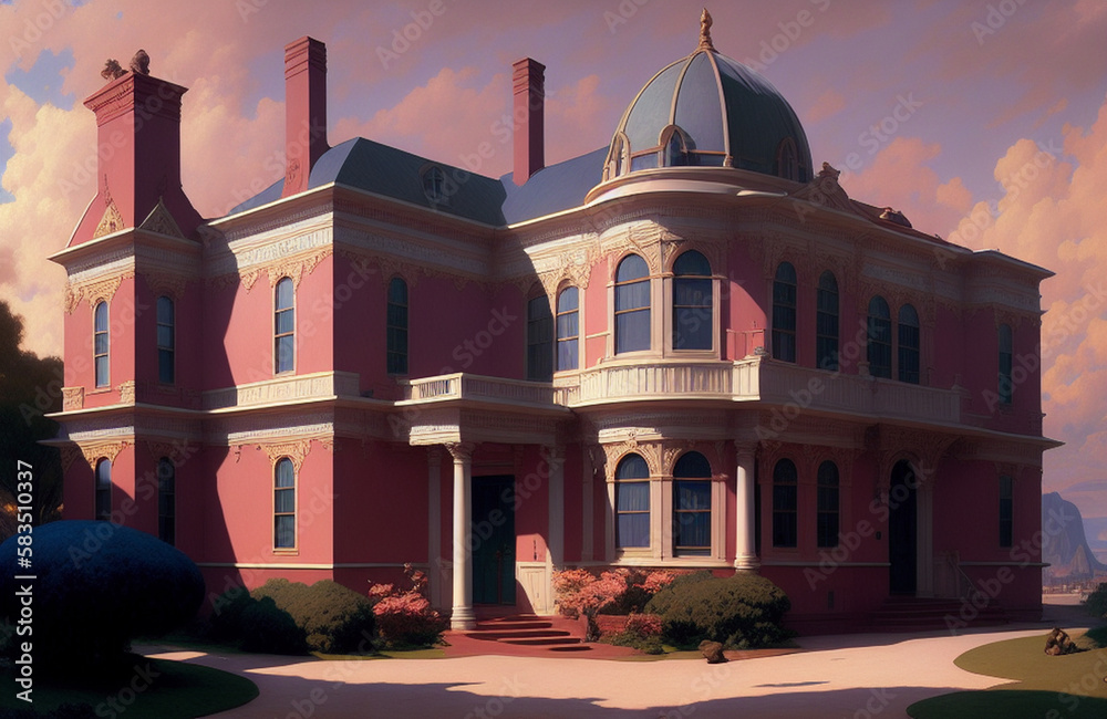 Naklejka premium Illustration of a charming pink building with a beautiful tree in the foreground created with Generative AI technology