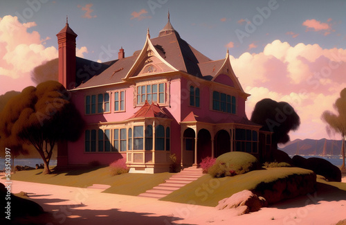 Illustration of a charming pink building with a beautiful tree in the foreground created with Generative AI technology