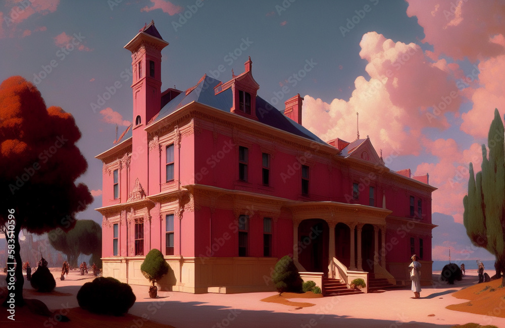 Naklejka premium Illustration of a charming pink building with a beautiful tree in the foreground created with Generative AI technology