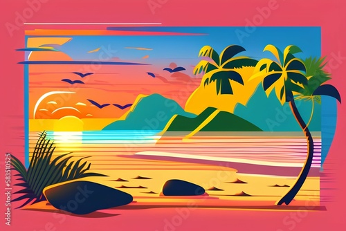 vector sunset tropical beach illustration. flat style nature landscape  seascape summer season - generative ai 