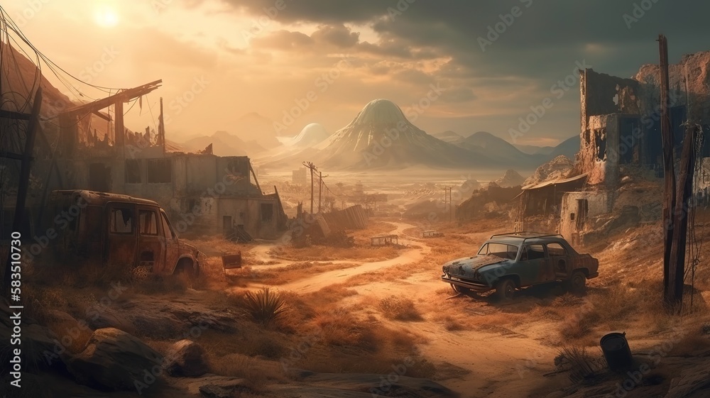 Wasteland Fantasy Backdrop, Concept Art, CG Artwork, Realistic Illustration with Generative AI
