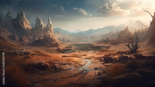 Wasteland Fantasy Backdrop, Concept Art, CG Artwork, Realistic Illustration with Generative AI 