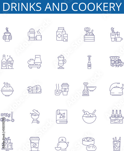 Drinks and cookery line icons signs set. Design collection of Beverages, Cuisine, Cocktails, Smoothies, Dishes, Recipes, Eats, Juices outline concept vector illustrations photo