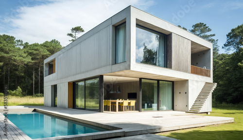 Concrete and glass. Ultra-modern minimalistic style house design. Generative AI © piai