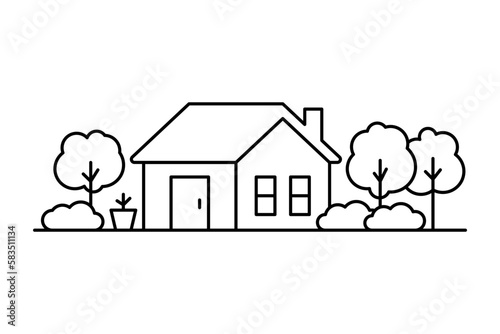 House and garden line art. Building, real estate architecture, apartment. Facade home in country exterior. Vector illustration