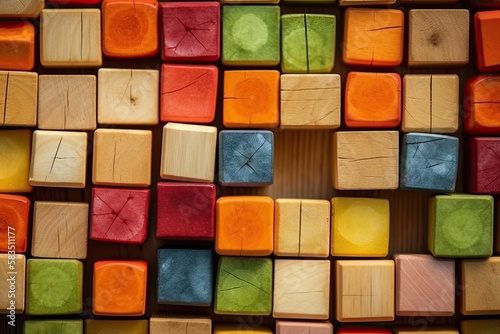 Vegetable colored wooden blocks. the background is made of wood. Generative AI