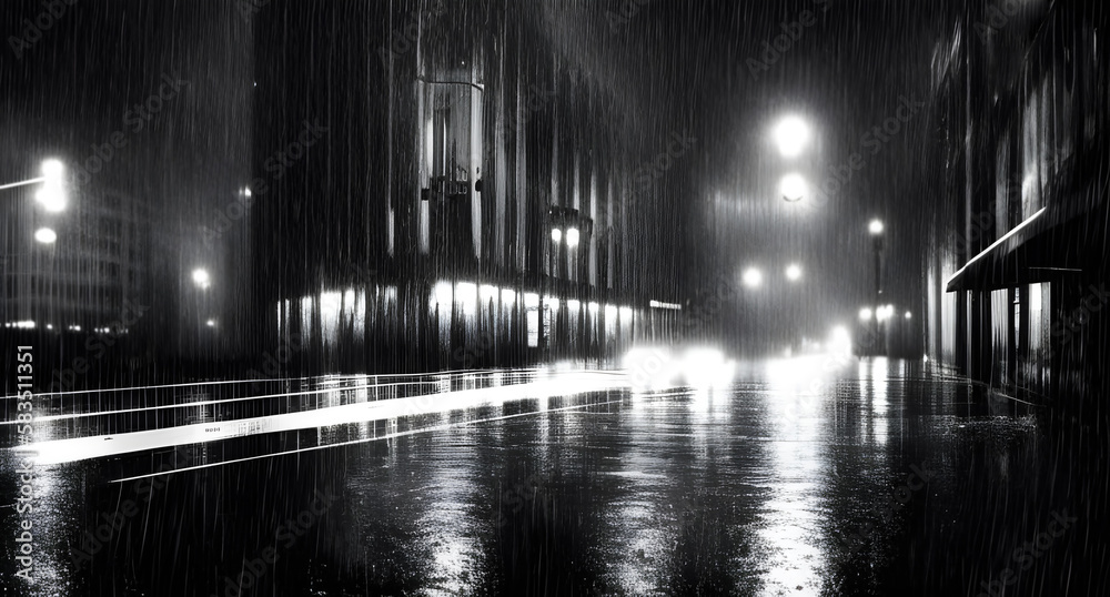 Film Noir Style Image Of Tall Buildings Along A Wet Road In A Film Noir Style Image Of Tall Buildings Along A Wet Road In A