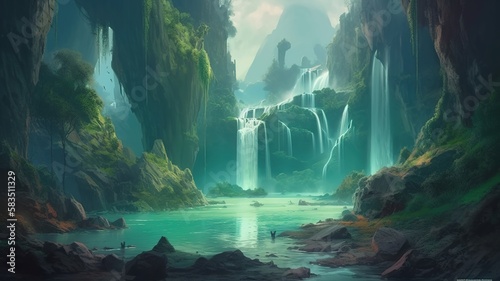 Waterfall Fantasy Backdrop, Concept Art, CG Artwork, Realistic Illustration with Generative AI 