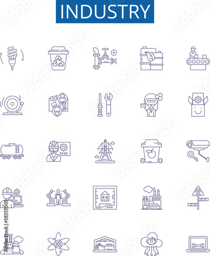 Industry line icons signs set. Design collection of Manufacturing, Technology, Production, Business, Equipment, Automotive, Retail, Services outline concept vector illustrations