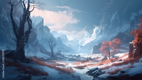 Winter Nature Fantasy Backdrop, Concept Art, CG Artwork, Realistic Illustration with Generative AI 
