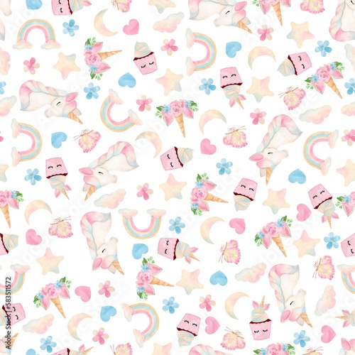 Pattern Unicorn candy and rainbow watercolor cute