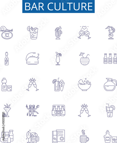 Bar culture line icons signs set. Design collection of Bar, Culture, Alcohol, Drinks, Music, Friends, Pub, Beer outline concept vector illustrations