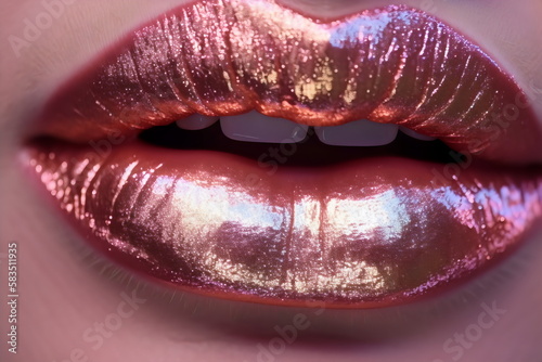 close up of metallic pink lips, created with generative ai 