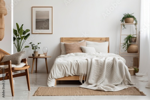 Wooden armchair with cushions and a blanket close to the bed in a white bedroom. actual picture. Generative AI