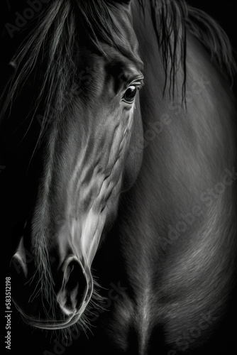 Black and white horse portrait  Generative AI