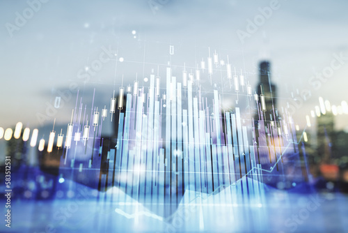 Multi exposure of virtual abstract financial diagram on blurry office buildings background  banking and accounting concept