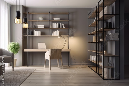 Interior of modern office space with a floor lamp and shelving units. Generative AI