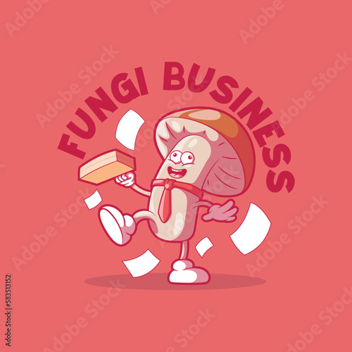 A funny Mushroom character with a briefcase and a tie vector illustration. Mascot, brand, work design concept.