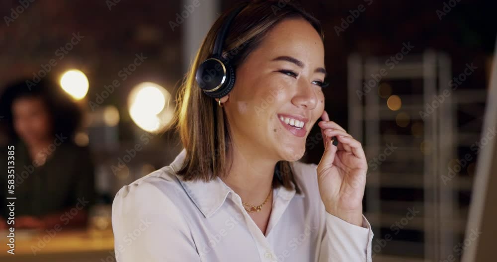 Call center, woman in office at night and advice at customer service agency for support and networking. Smile, overtime and happy help desk agent or crm consultant with headset for booking service. Call center, woman in office at night and advice at customer service agency for support and networking. Smile, overtime and happy help desk agent or crm consultant with headset for booking service.