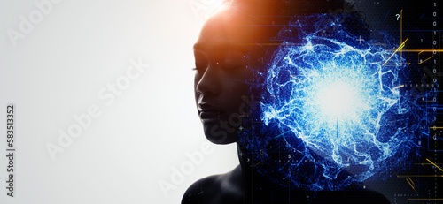 Profile of woman and science technology concept. Artificial intelligence. Wide angle visual for banners or advertisements. photo