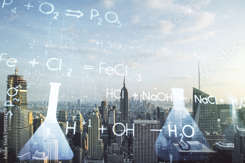 Photography Double exposure of abstract virtual chemistry hologram on New York city skyscrap