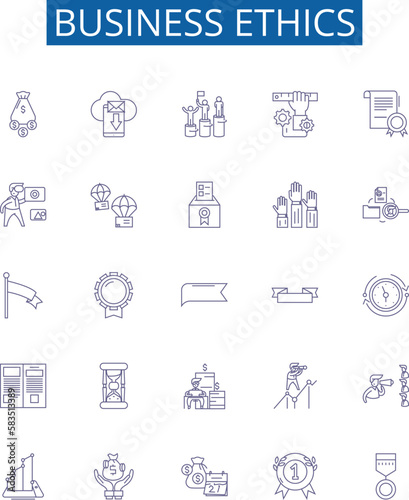 Business ethics line icons signs set. Design collection of Integrity, Honesty, Respect, Trust, Morals, Fairness, Credibility, Transparency outline concept vector illustrations