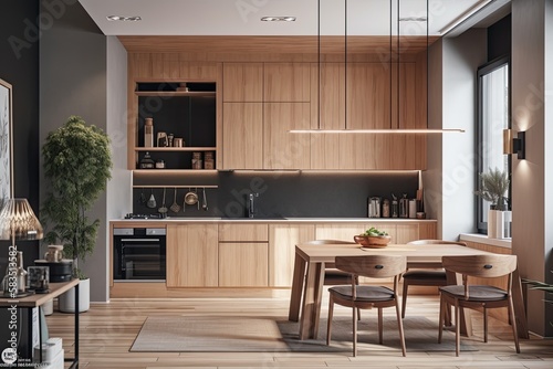 A modern wooden kitchen with a sink  tabletop  square window  and vertically framed poster is seen from the side. the idea of dining at home. a mockup Toned picture. Generative AI