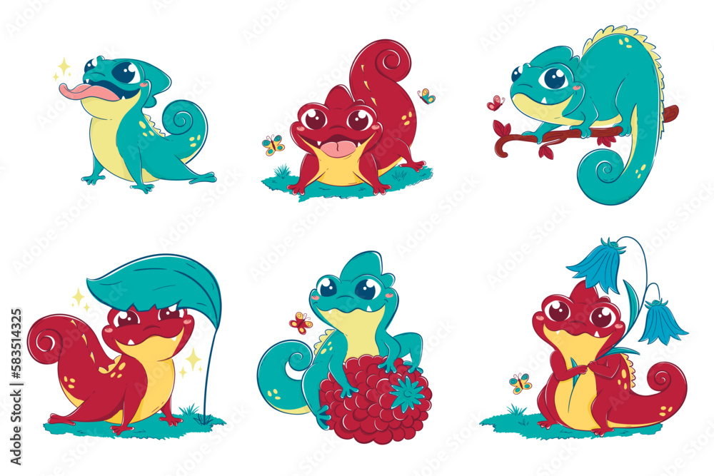 Clipart collection with cute lizards in different poses with greens and fruits, butterflies around. Brightly colored vector children's drawing