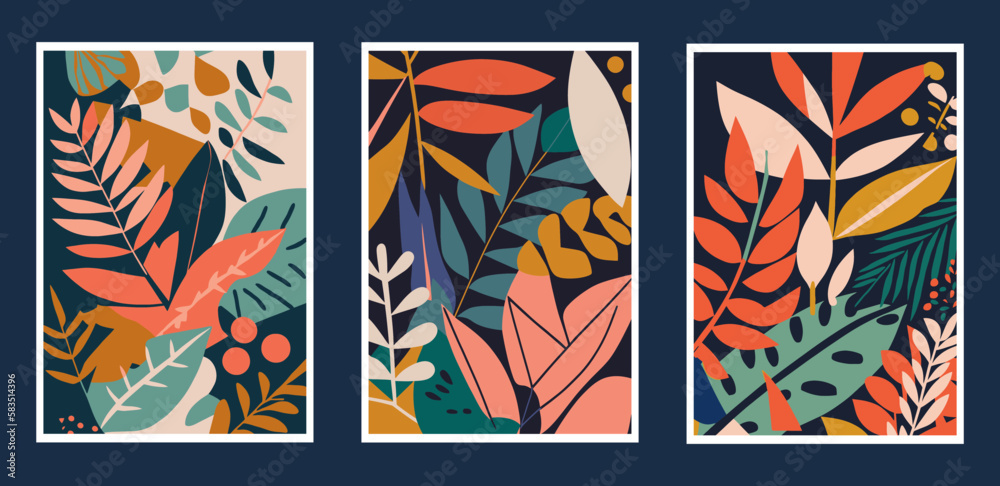 Set of abstract floral posters with leaves and flowers. Vector illustration.