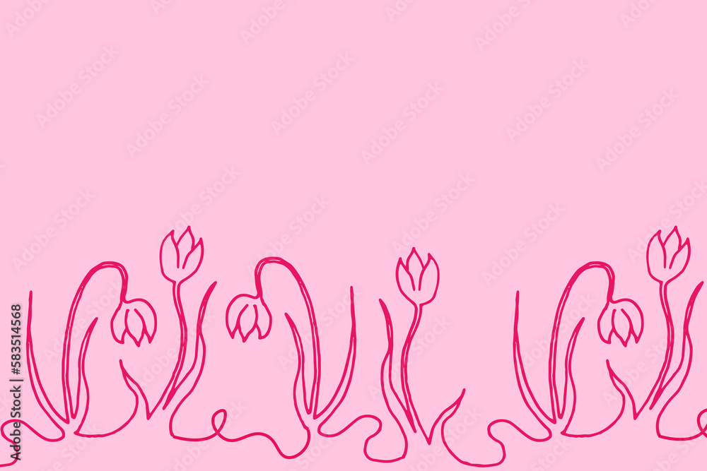Tender pink background with line art snowdrops with copy space. Tender pink background with line art snowdrops with copy space.