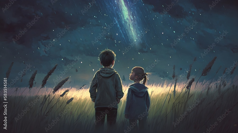 brother and sister in a meadow looking at meteors in the sky, Generative AI