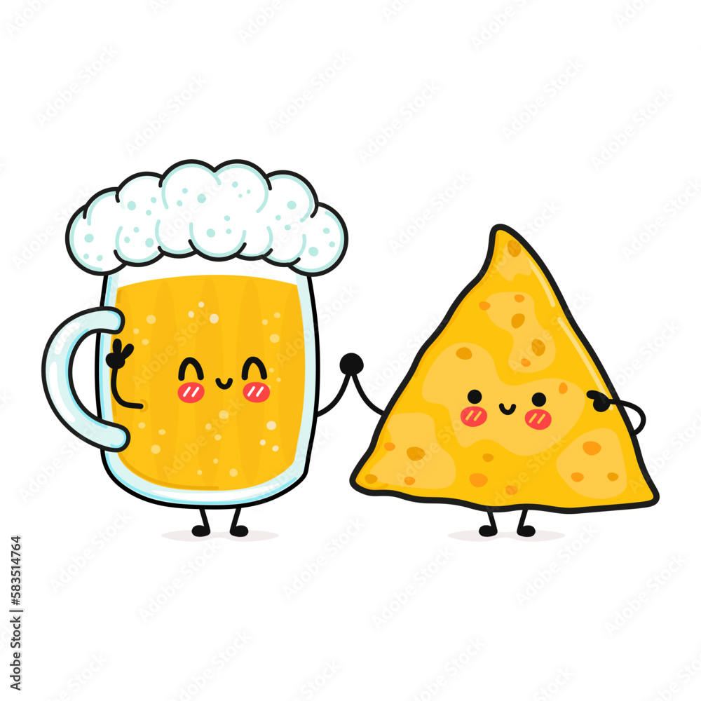 Fototapeta premium Cute, funny happy glass of beer and nachos. Vector hand drawn cartoon kawaii characters, illustration icon. Funny cartoon glass of beer and nachos mascot friends concept