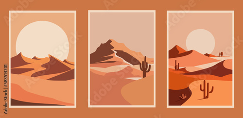 Set of desert landscapes. Vector illustration in flat style. Templates for posters, placards, brochures