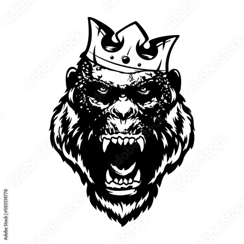 Silhouette of a Monkey's head with a crown. A wild primate with bloody fangs. Black and white. Vector illustration on a white background.