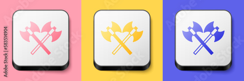 Isometric Crossed medieval axes icon isolated on pink, yellow and blue background. Battle axe, executioner axe. Medieval weapon. Square button. Vector