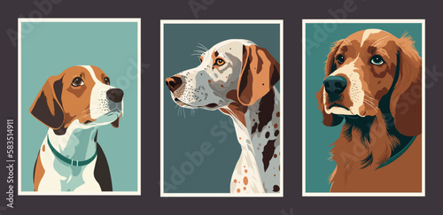 Set of vector illustrations of dogs. Beagle, Dalmatian and Retriever.