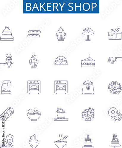 Bakery shop line icons signs set. Design collection of Bakery, Shop, Bread, Cake, Pastry, Muffin, Donut, Loaf outline concept vector illustrations