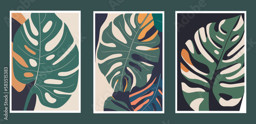 Set of trendy vector posters with monstera leaves in flat design.