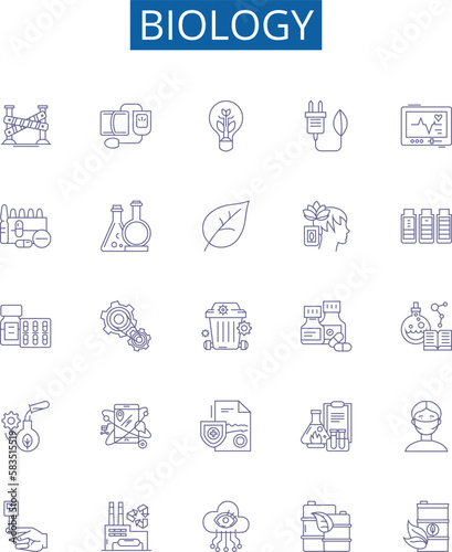 Biology line icons signs set. Design collection of Organism, Cell, Genetics, Evolution, Ecology, Biochemistry, Microbiology, Photosynthesis outline concept vector illustrations