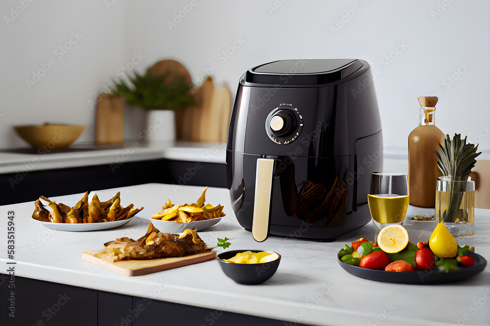 Modern electric air fryer with fruits and vegetables on the table in the  kitchen. AI Generative Stock Illustration | Adobe Stock
